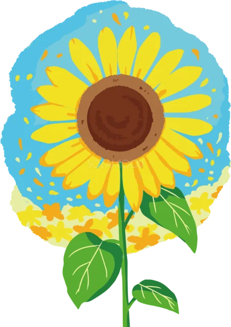 青い背景にクレヨン風のひまわりを描いた夏イラスト（背景透過PNG）