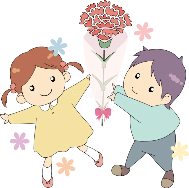 大きなカーネーションを贈る男の子と女の子（背景透過PNG）