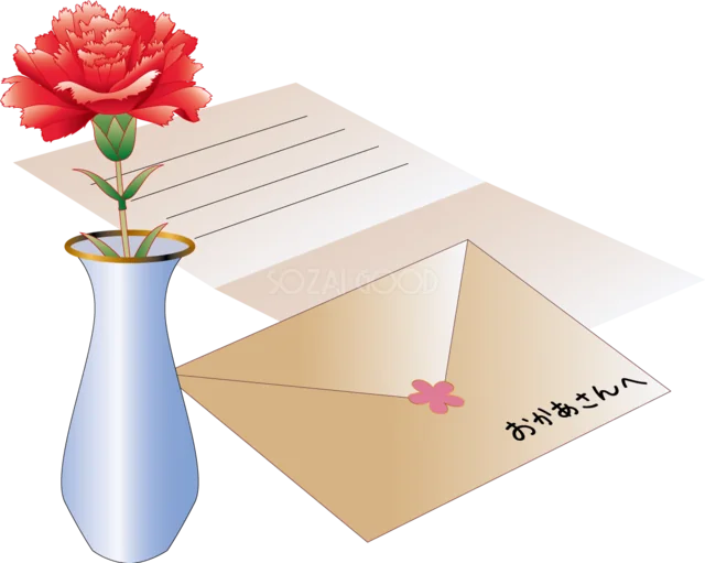 花瓶のカーネーションとお母さん宛ての手紙（背景透過PNG）