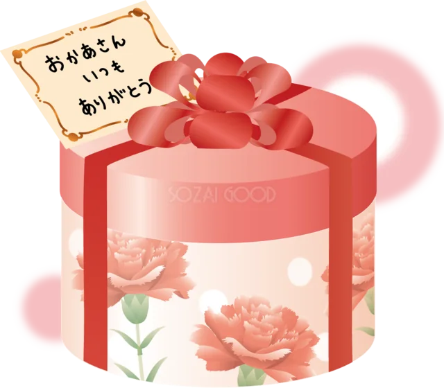 お母さんいつもありがとうのカードを添えた丸いプレゼント箱（背景透過PNG）