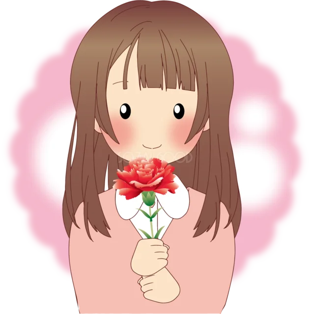 赤いカーネーションを両手で持つ女の子（背景透過PNG）
