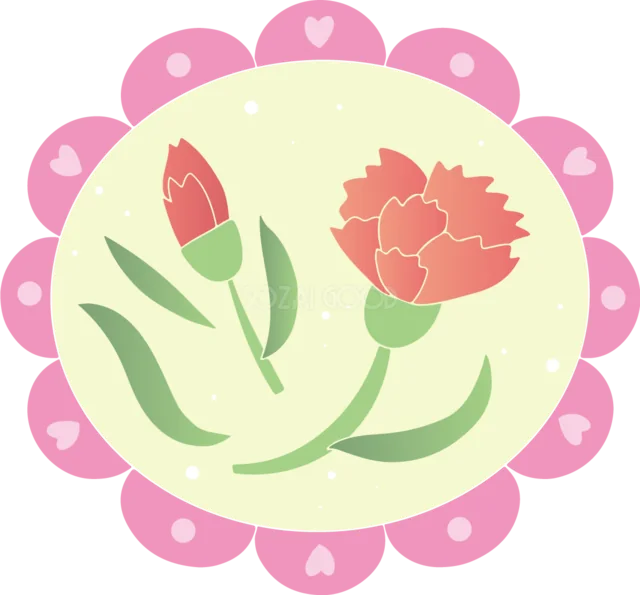 ピンクの丸枠に赤いカーネーションを飾った母の日イラスト（背景透過PNG）