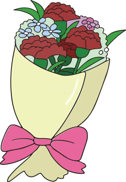 赤いカーネーションと青い小花の花束（背景透過PNG）