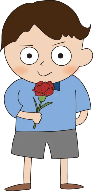 赤いカーネーションを一輪持つ男の子（背景透過PNG）