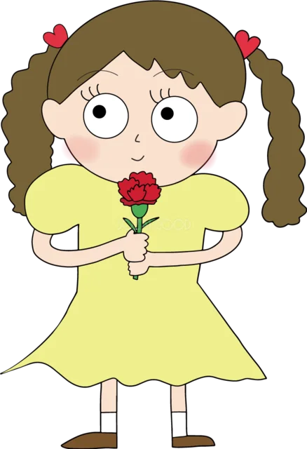 赤いカーネーションを大切に持つ女の子（背景透過PNG）
