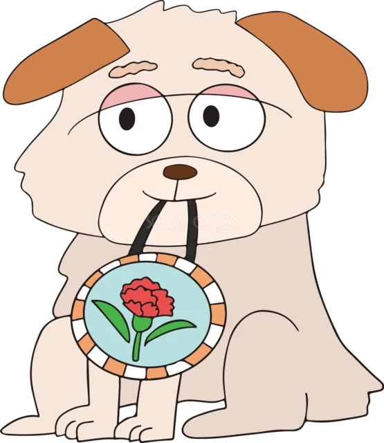 カーネーションの母の日メダルを持つ犬（背景透過PNG）