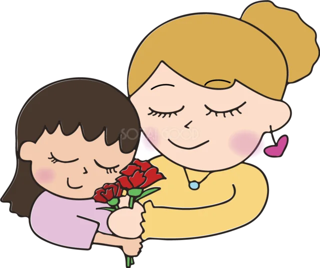 母親へ赤いカーネーションを贈る女の子（背景透過PNG）
