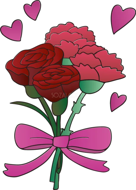 ハートを添えたバラとカーネーションの花束（背景透過PNG）