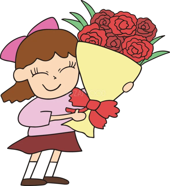 赤いカーネーションの大きな花束を抱える女の子（背景透過PNG）