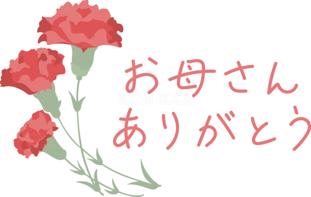 カーネーションと「お母さんありがとう」の手書き文字（背景透過PNG）