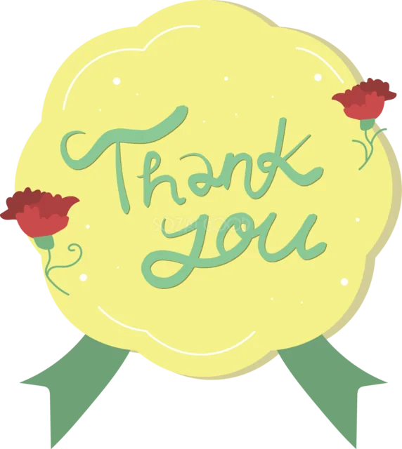 Thank you文字とカーネーションの黄色いメダル（背景透過PNG）