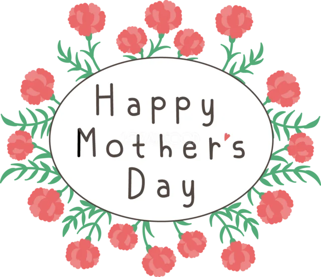 カーネーションで囲んだHappy Mother’s Dayの丸いロゴ（背景透過PNG）