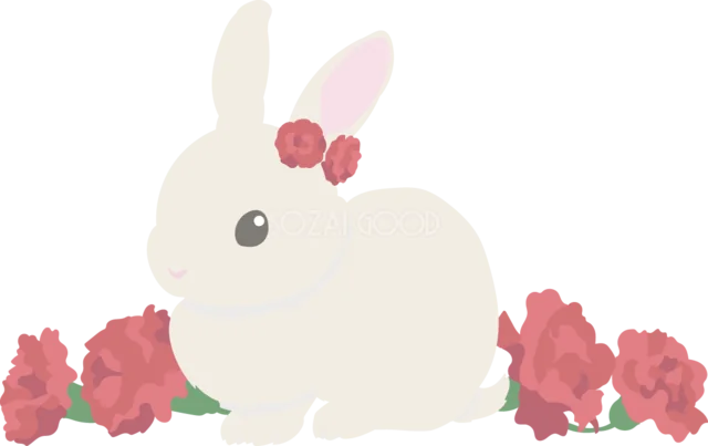 カーネーションに囲まれた白いうさぎ（背景透過PNG）