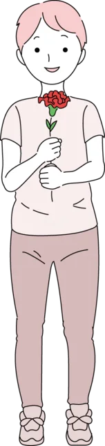 一輪のカーネーションを両手で持つ女性（背景透過PNG）