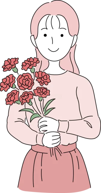 カーネーションの花束を抱えるお母さん（背景透過PNG）