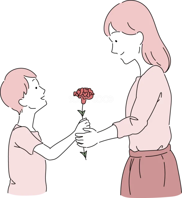 子どもからカーネーションを受け取るお母さん（背景透過PNG）