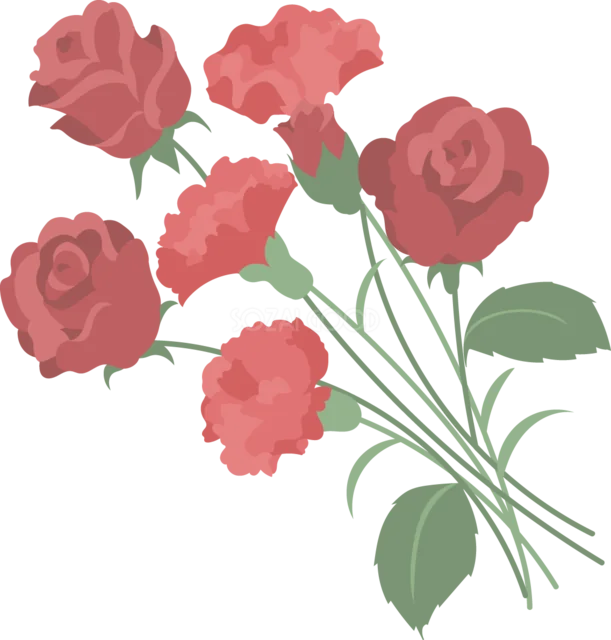 赤いバラとカーネーションを束ねた花束（背景透過PNG）