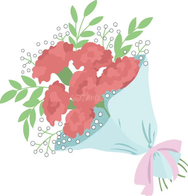 水色の包装紙で包んだカーネーションの花束（背景透過PNG）