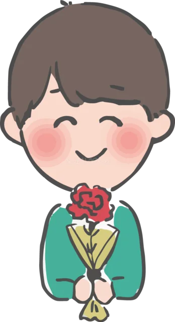 一輪のカーネーションを持つ笑顔の男の子（背景透過PNG）