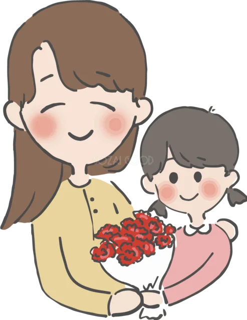 母の日にカーネーションの花束を贈る親子（背景透過PNG）