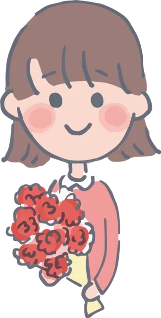 カーネーションの花束を持つ笑顔の女の子（背景透過PNG）