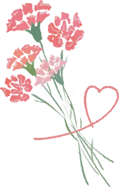 赤い糸のハートを添えたカーネーションの花束（背景透過PNG）