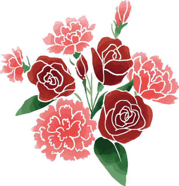 赤いバラとカーネーションを組み合わせた花束（背景透過PNG）