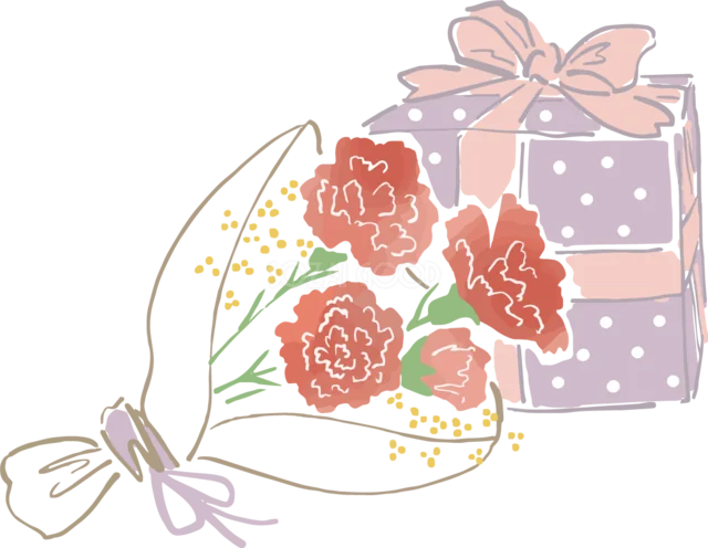 カーネーションの花束と紫のプレゼント箱（背景透過PNG）