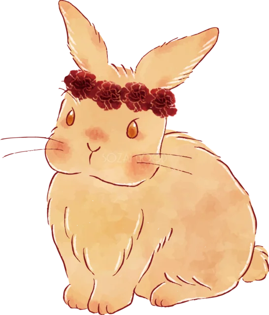 赤い花冠を付けた茶色いうさぎ（背景透過PNG）