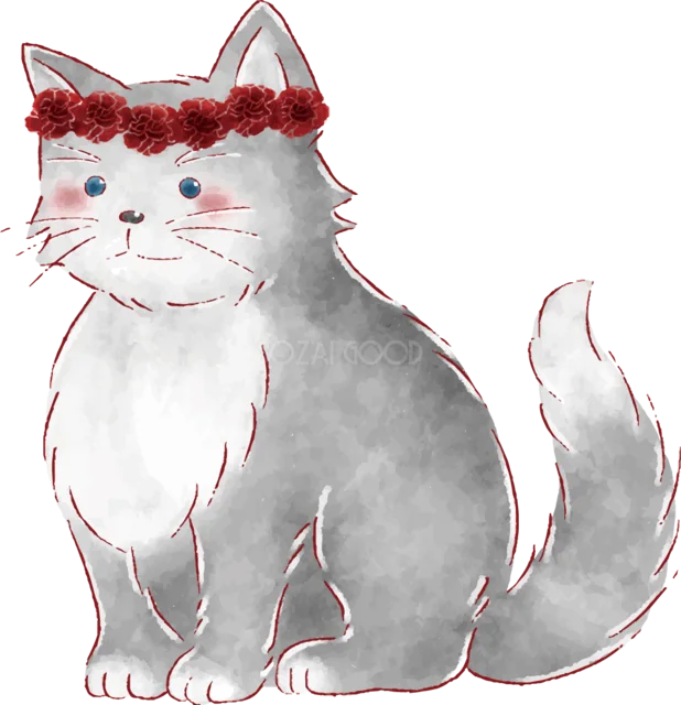 赤い花冠を付けてお座りするグレーの猫（背景透過PNG）
