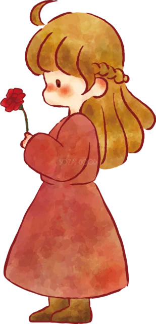 赤いカーネーションを後ろ手に持つ女の子（背景透過PNG）