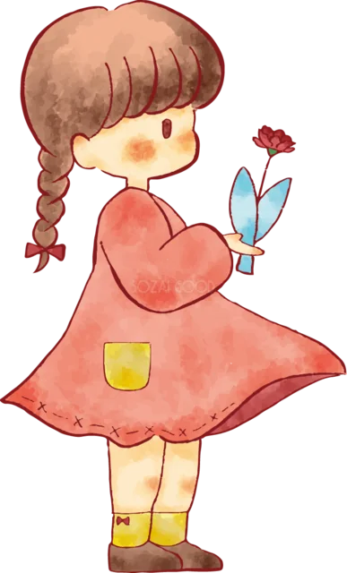 青い花瓶のカーネーションを見つめる女の子（背景透過PNG）