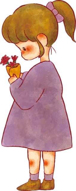 鉢植えのカーネーションを抱える女の子（背景透過PNG）