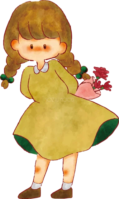 カーネーションの花束を後ろ手に隠す女の子（背景透過PNG）