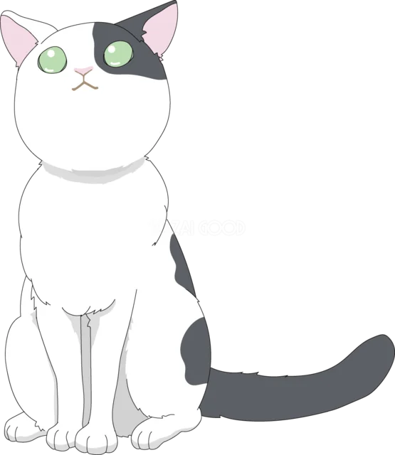 上を見上げて座る白黒猫（背景透過PNG）