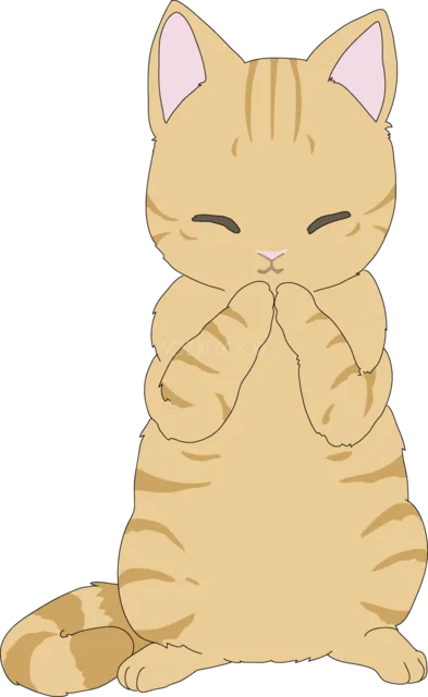 前足を口元に当てて笑う茶トラ猫（背景透過PNG）