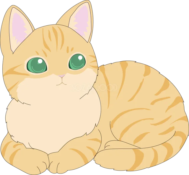 緑の目で横たわる茶トラ猫（背景透過PNG）