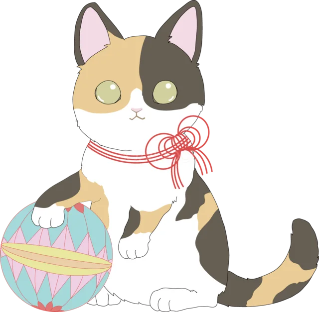 飾りひもを付けて手まりで遊ぶ三毛猫（背景透過PNG）