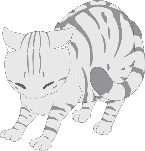 背中を丸めて伸びをするグレーのトラ猫（背景透過PNG）