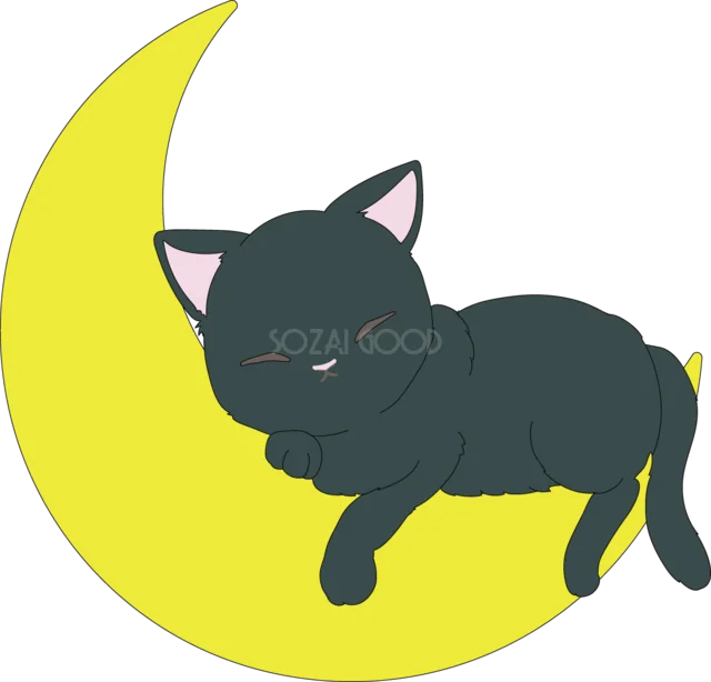 黄色い三日月の上で眠る黒猫（背景透過PNG）