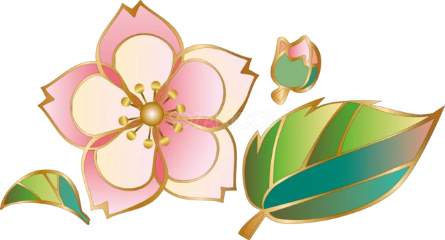 金色の線で描いた桜の花とつぼみと葉（背景透過PNG）