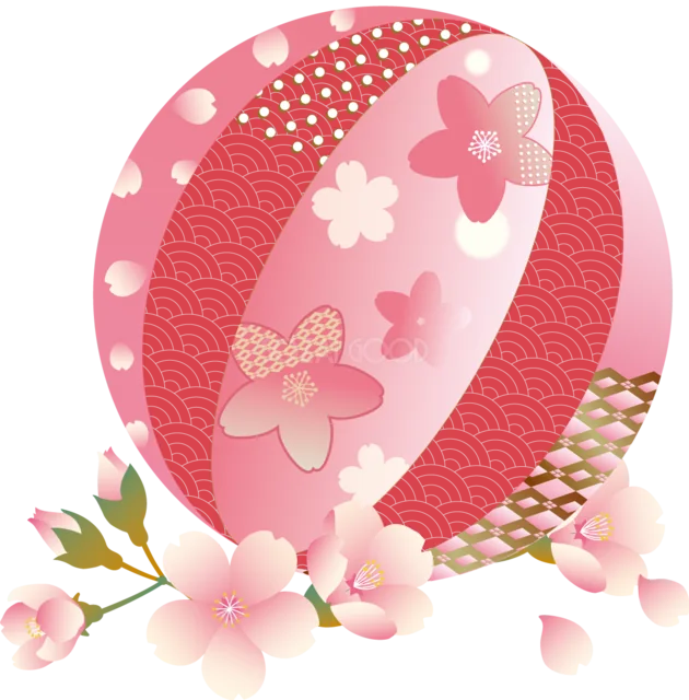 桜模様を描いた赤とピンクの和風手まり（背景透過PNG）