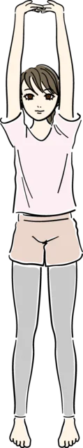 立って両腕を頭上へ伸ばす女性のストレッチ（背景透過PNG）