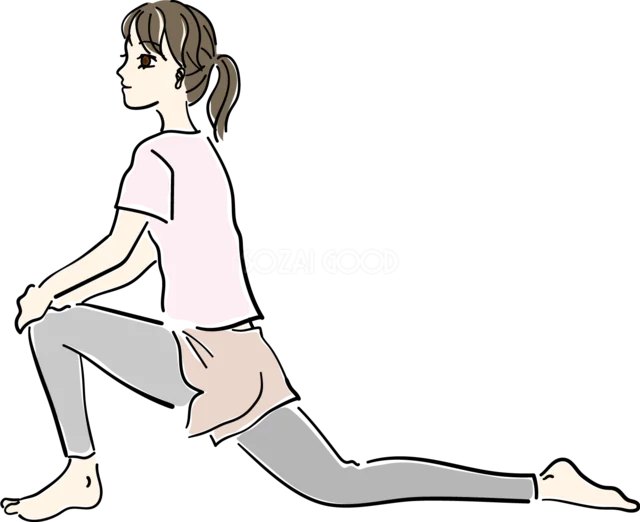 片膝をついて股関節を伸ばす女性のストレッチ（背景透過PNG）