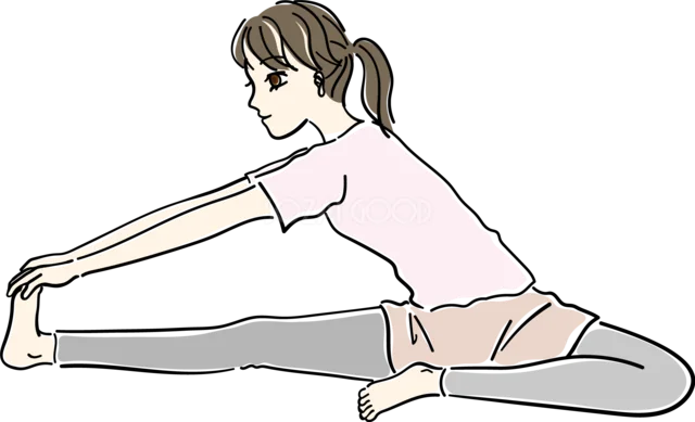 座って片脚へ上体を倒す前屈ストレッチ（背景透過PNG）