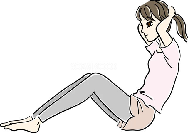 座って両手を頭の後ろへ添える女性のストレッチ（背景透過PNG）