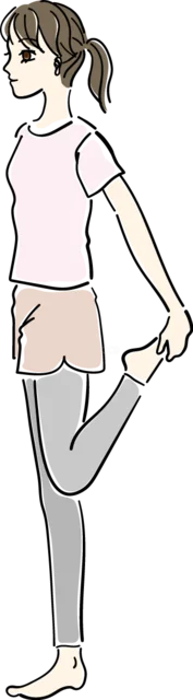 立って片足を後ろに持ち上げる太もものストレッチ（背景透過PNG）