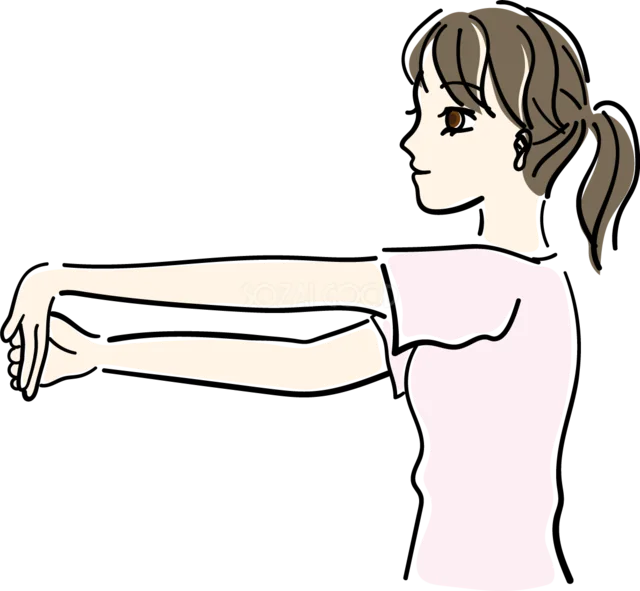 両腕を前へ伸ばして手首をほぐす女性（背景透過PNG）