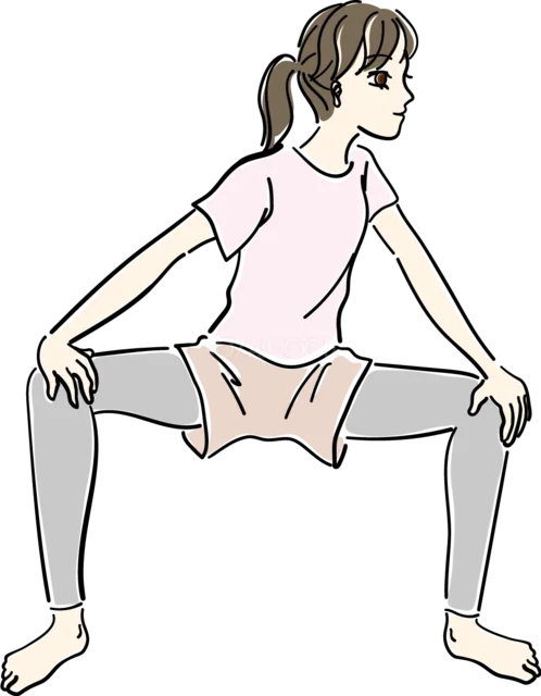 足を大きく開いて腰を落とす女性のストレッチ（背景透過PNG）
