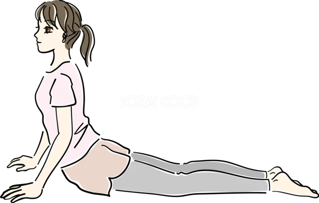 うつ伏せから上体を起こすコブラのポーズ（背景透過PNG）